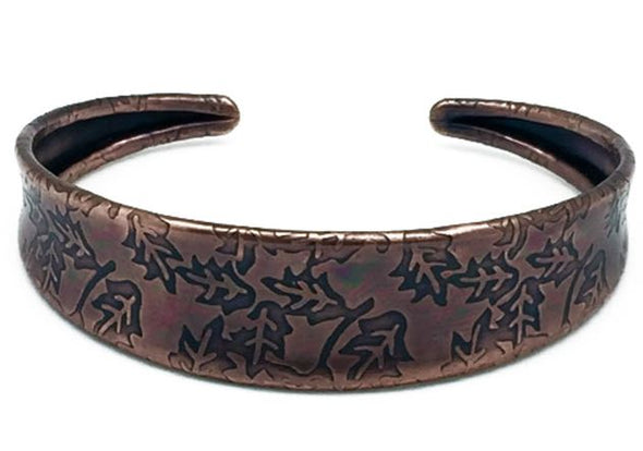 Copper Patina Skinny Hammered Leaf Cuff Bracelet