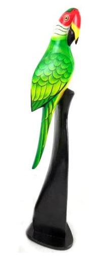 Hand Carved Green Parrot on Wood Stand