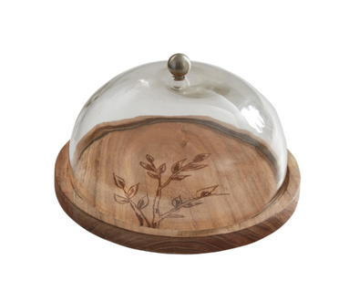 Leaves Wood Cheese Board with Glass Dome