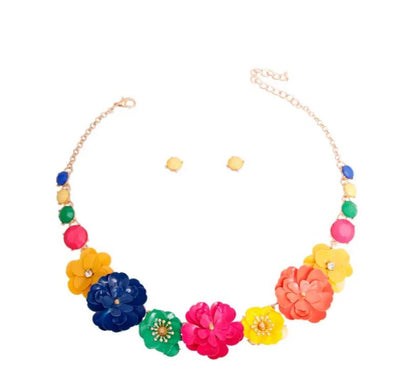 Rainbow Metal Flower Necklace & Earrings Set