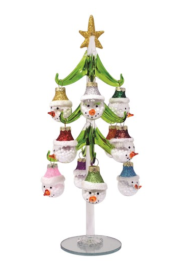 10" Green Glass Tree with Snowman Ornaments