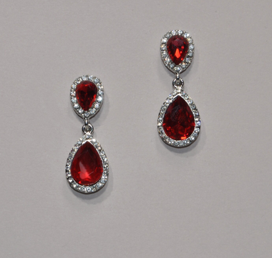 2 Link Pear Ruby & Rhinestone Crystal Earrings