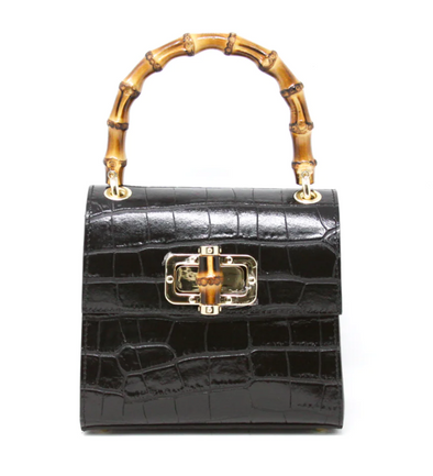 Black Leather Handbag with Bamboo Handle by German Fuentes