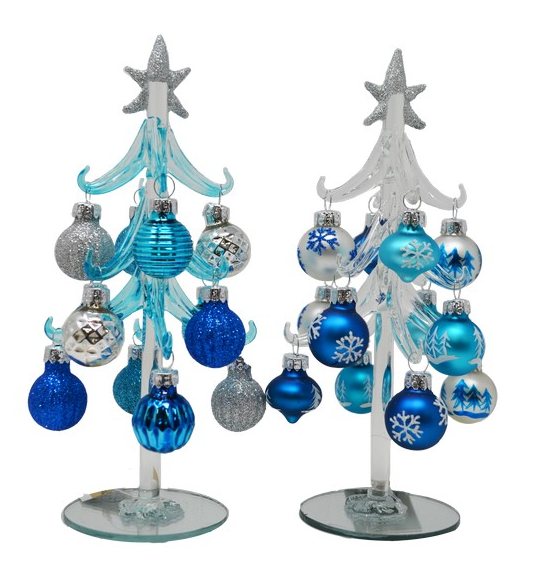 8" Glass Blue & Silver Tree