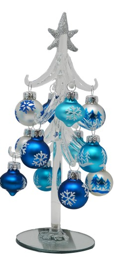 8" Glass Blue & Silver Tree with Ornaments