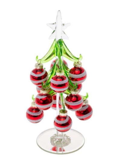 8" Glass Tree with Red & White Striped Ornaments