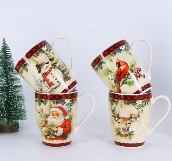 Country Christmas Mug Set with Real Gold Trim (Set of 4)