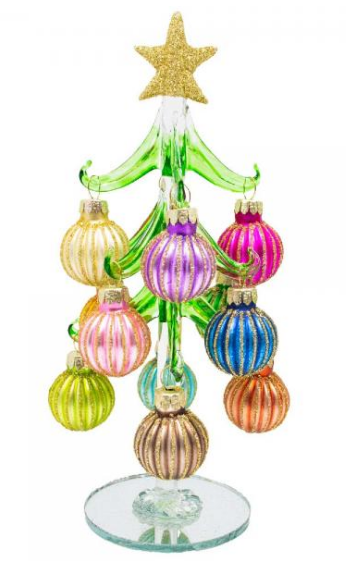 8" Green Glass Tree with Pastel Ridged Ornaments