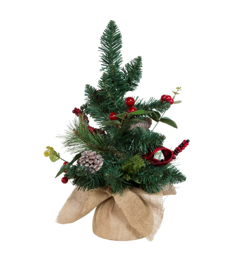 18" Unlit Green Tree with Berries and Pinecone Ribbon