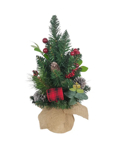 18" Unlit Green Tree with Berries and Pinecone Ribbon