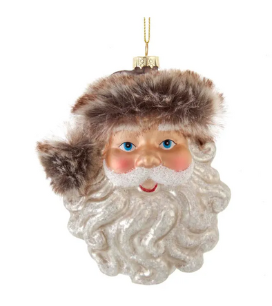 Glass Santa Head with Brown Faux Fur