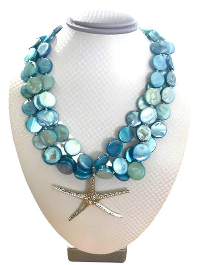 Mother of Pear Pastel Blue Coin Necklace with Silver Plated Starfish