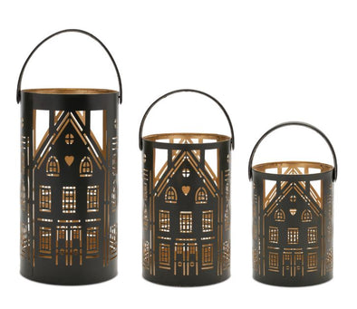 Metal Townhouse Lanterns with Leather Handle (Set of 3)