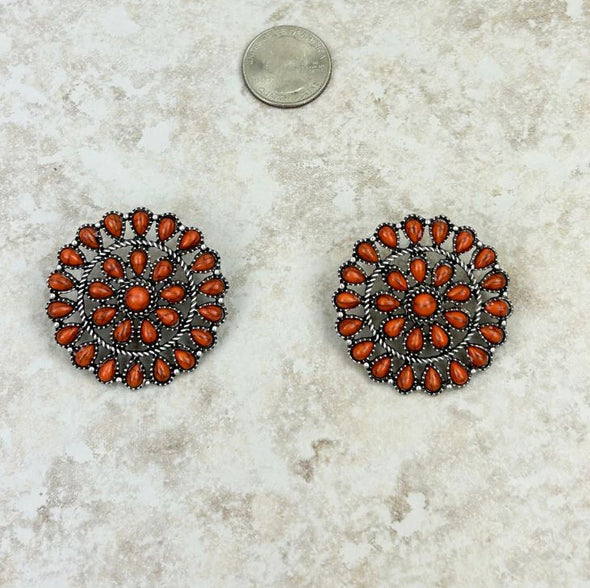 Orange Silver Rope & Stone Flower Concho Earrings