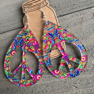 Peace Sign Rainbow Flower Hippy Acrylic Earrings