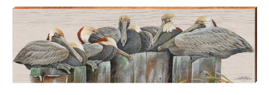Pelicans on Dock  Wooden Artwork | Wall Art Print on Real Wood | Artist: Art Lamay