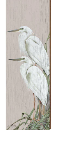 Perched Egrets Wooden Artwork | Wall Art Print on Real Wood | Artist: Art Lamay