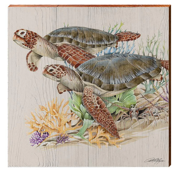Sea Turtles Swimming Wooden Artwork | Wall Art Print on Real Wood | Artist: Art Lamay