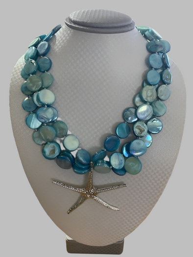 Mother of Pear Pastel Blue Coin Necklace with Silver Plated Starfish