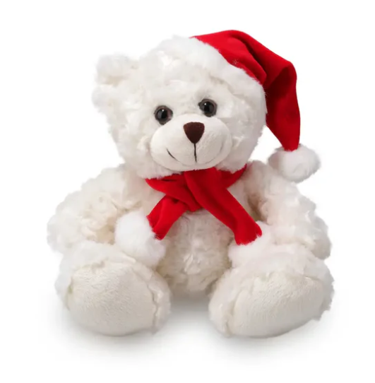 Plush White Christmas Bear with Red Santa Hat & Scarf