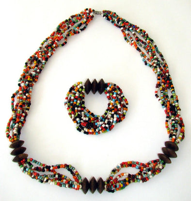 Exotic, Handcrafted, Natural Wood & Multicolored Beaded Necklace and Bracelet