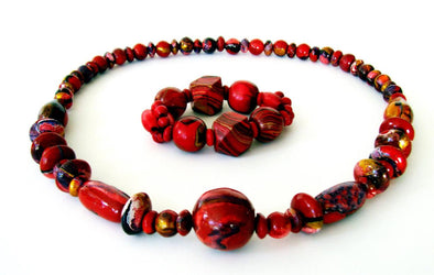Hand Painted, Wood Beaded Necklace and Bracelet (Marble Red)