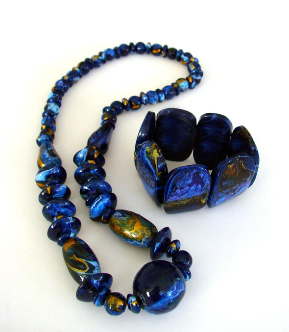 Hand Painted Wood Beaded Necklace & Bracelet (Marble Blue)