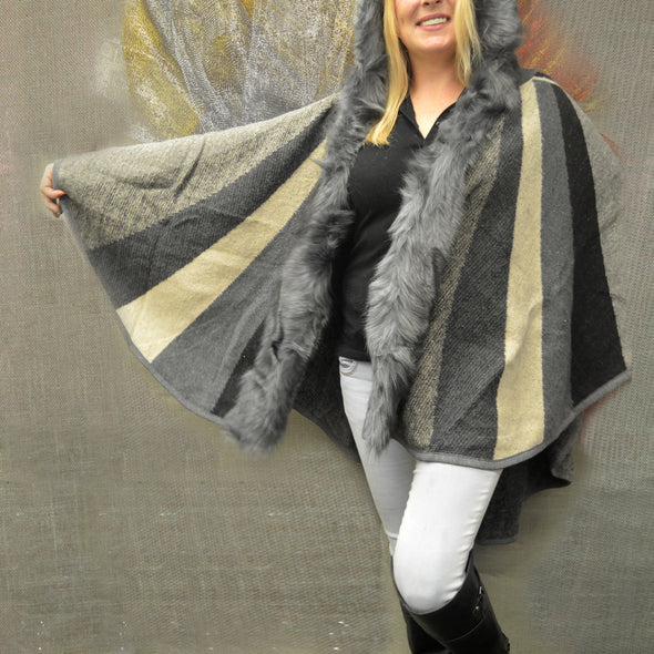 Hooded Striped Wrap with Faux Fur Trim