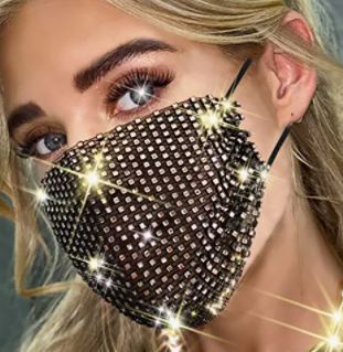 Black Bling Face Mask Cover Bedazzled with Gold Crystals
