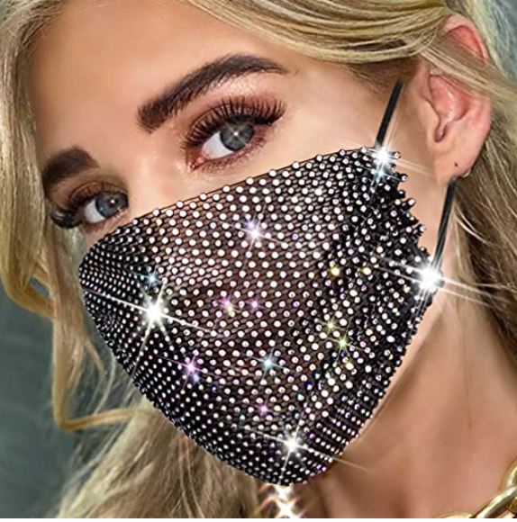 Black Bling Face Mask Cover Bedazzled with Silver Crystals – Lady