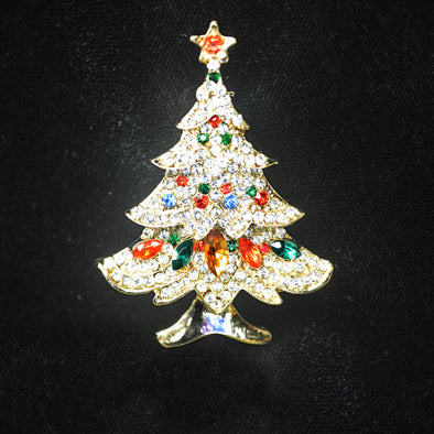 Silvertone Multicolor Gem Christmas Tree Brooch