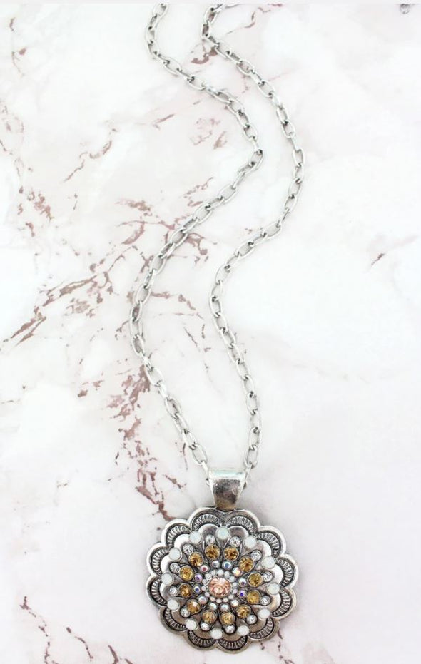 Natural Multi Bejeweled Silvertone Concho Necklace