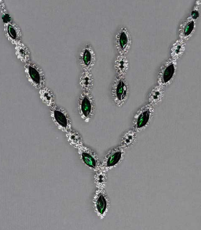 Emerald and Silver Marquis Cut Crystal Necklace, Bracelet & Earrings Set