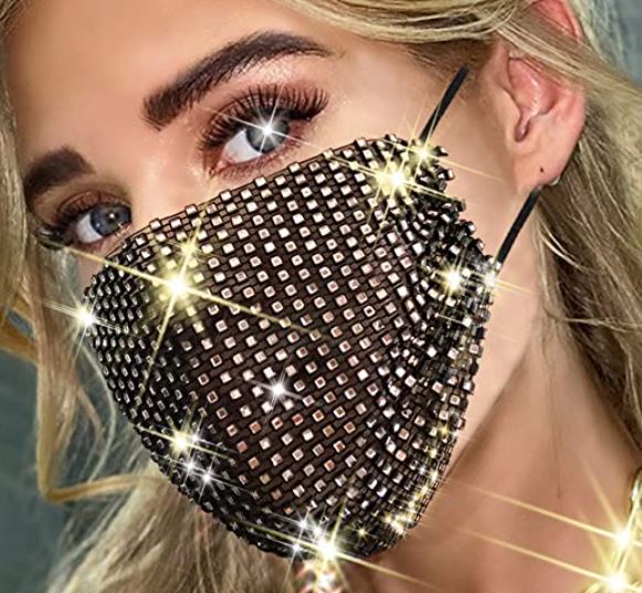 Black Face Mask Cover Bedazzled with Gold & Silver Crystals