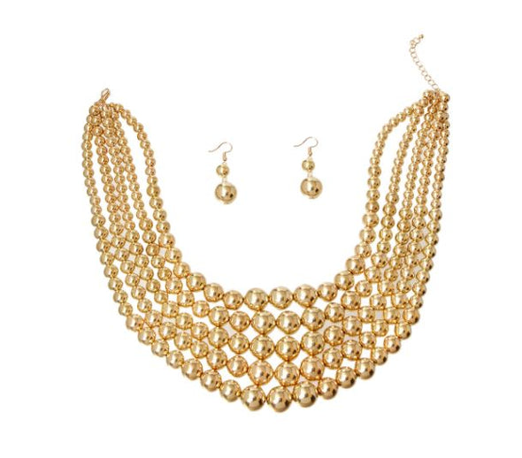 Gold Pearl Bead 5 Strand Necklace Set