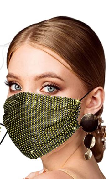 Green Bling Face Mask Cover Bedazzled with Silver Crystals