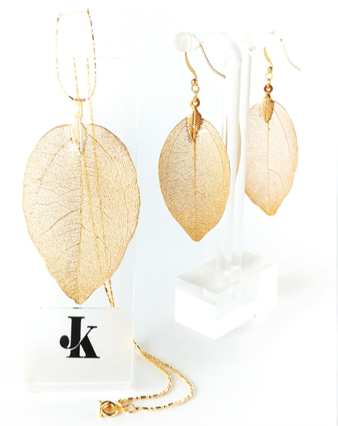 Jacqueline Kent Necklace & Earring Set Natural Leaf Gold