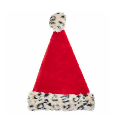 Red Plush Santa Hat with Leopard Trim