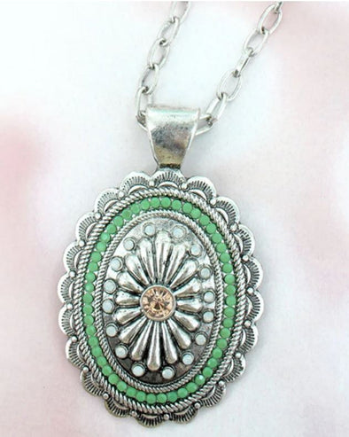 Mint Bejeweled Silvertone Concho Necklace