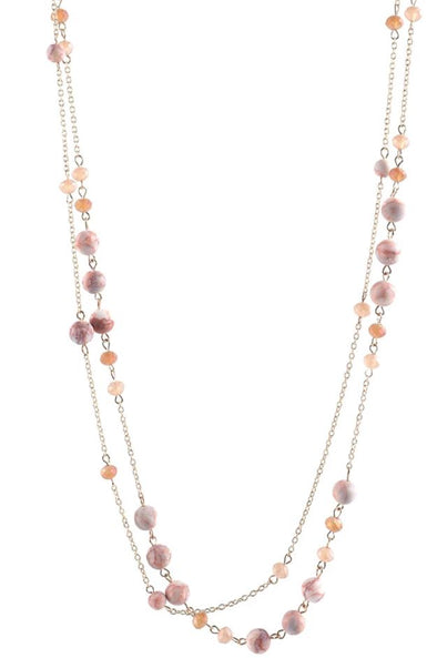 Peach Semi-Precious Beaded Goldtone Two Strand Necklace