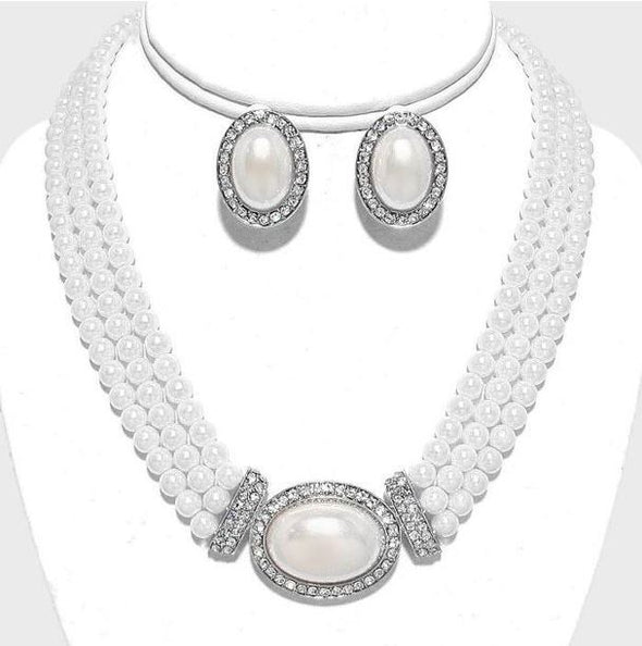 Pearl Silver Three Row Oval Necklace & Earring Set (Clip-on Earrings)