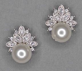 White Pearl Stud Earrings with Crown