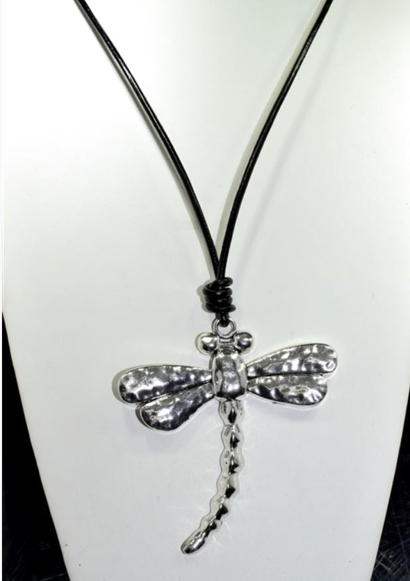 Hammered Silver Dragonfly on Leather Cord