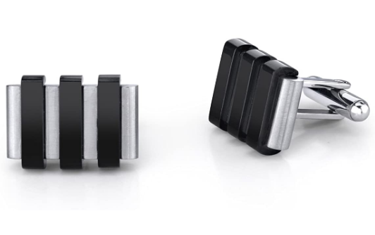 Stainless Steel Cufflinks with Raised Black Stripes