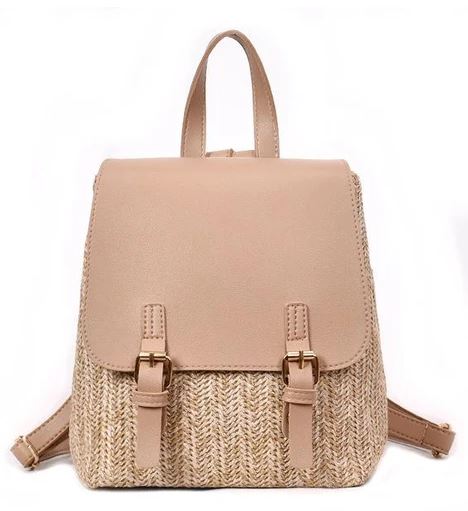 Faux Leather & Woven Straw Backpack