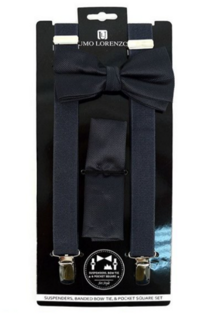 3 Piece suspenders, Banded Bow Tie & Pocket Square Set (Black)