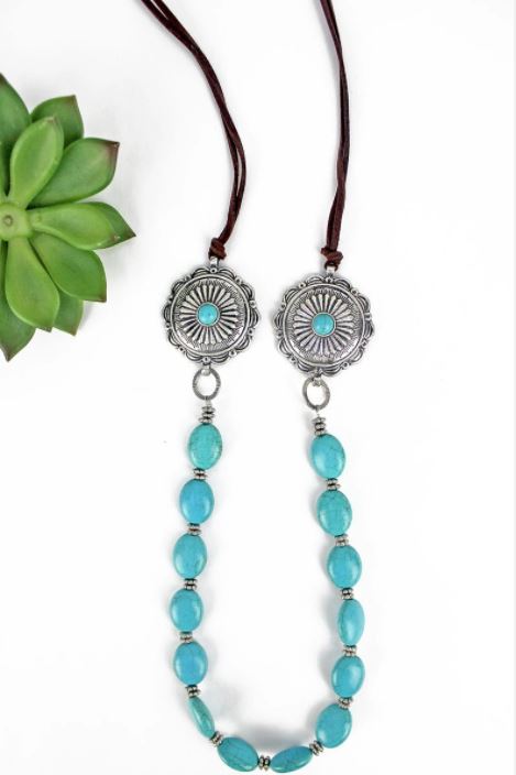 Turquoise Beaded Double Concho Cord Necklace