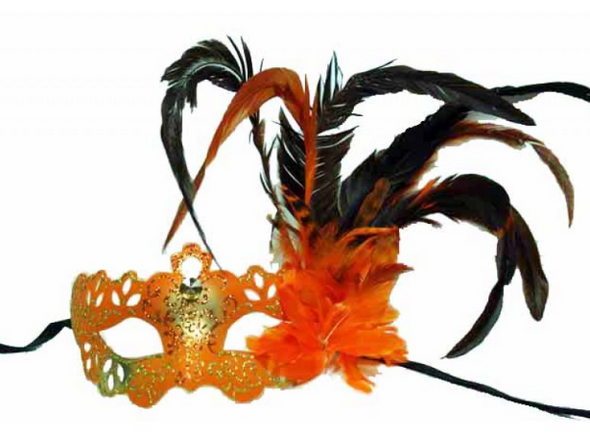 Venetian Orange Eye Mask with Feathers