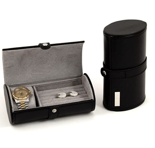 Black Leather Travel Case for Watch and Cufflinks