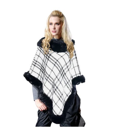 Diagonal Plaid Faux Fur Trimmed Poncho